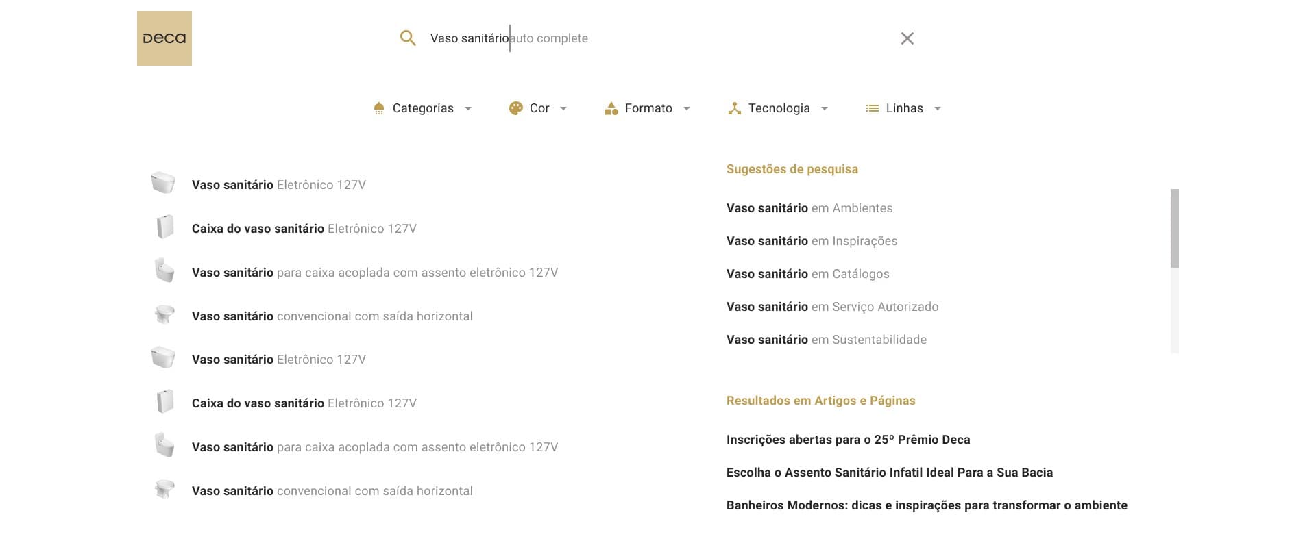 Search with suggestions, filters and results split into products and articles
