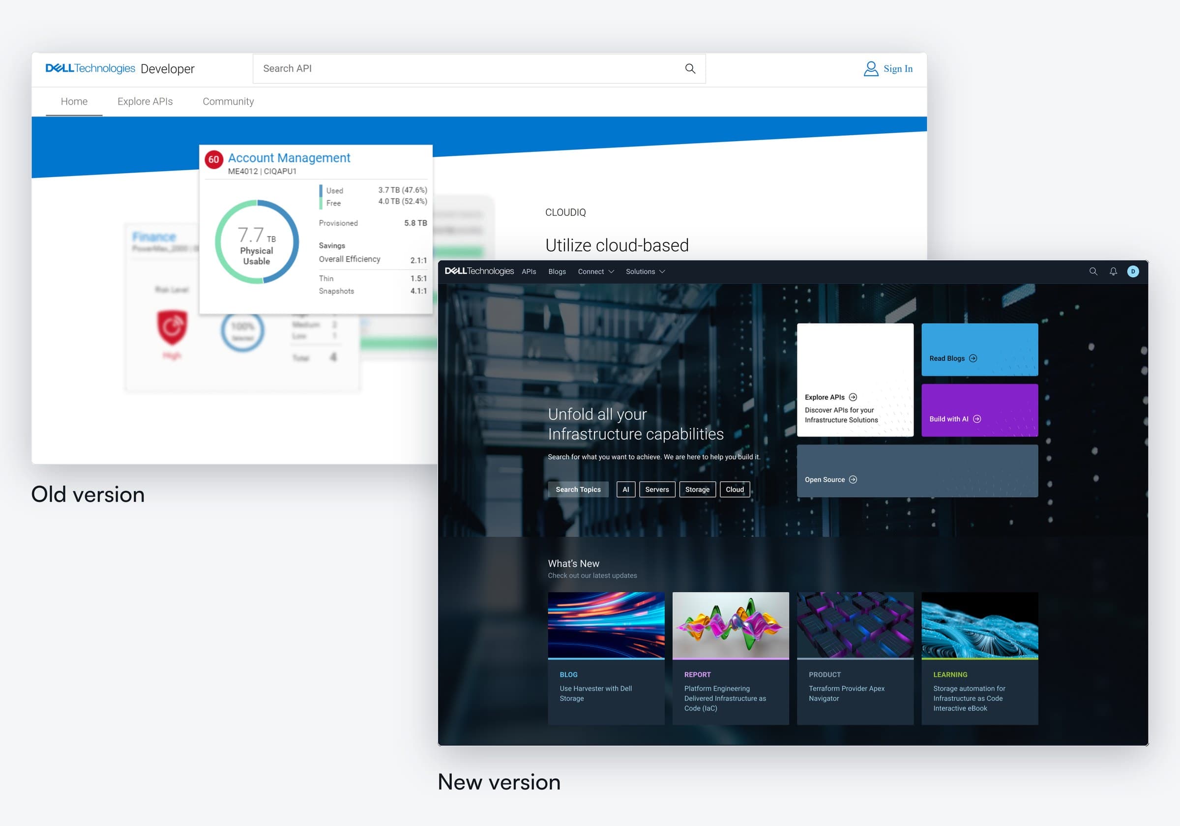 The old developer portal next to the redesigned one