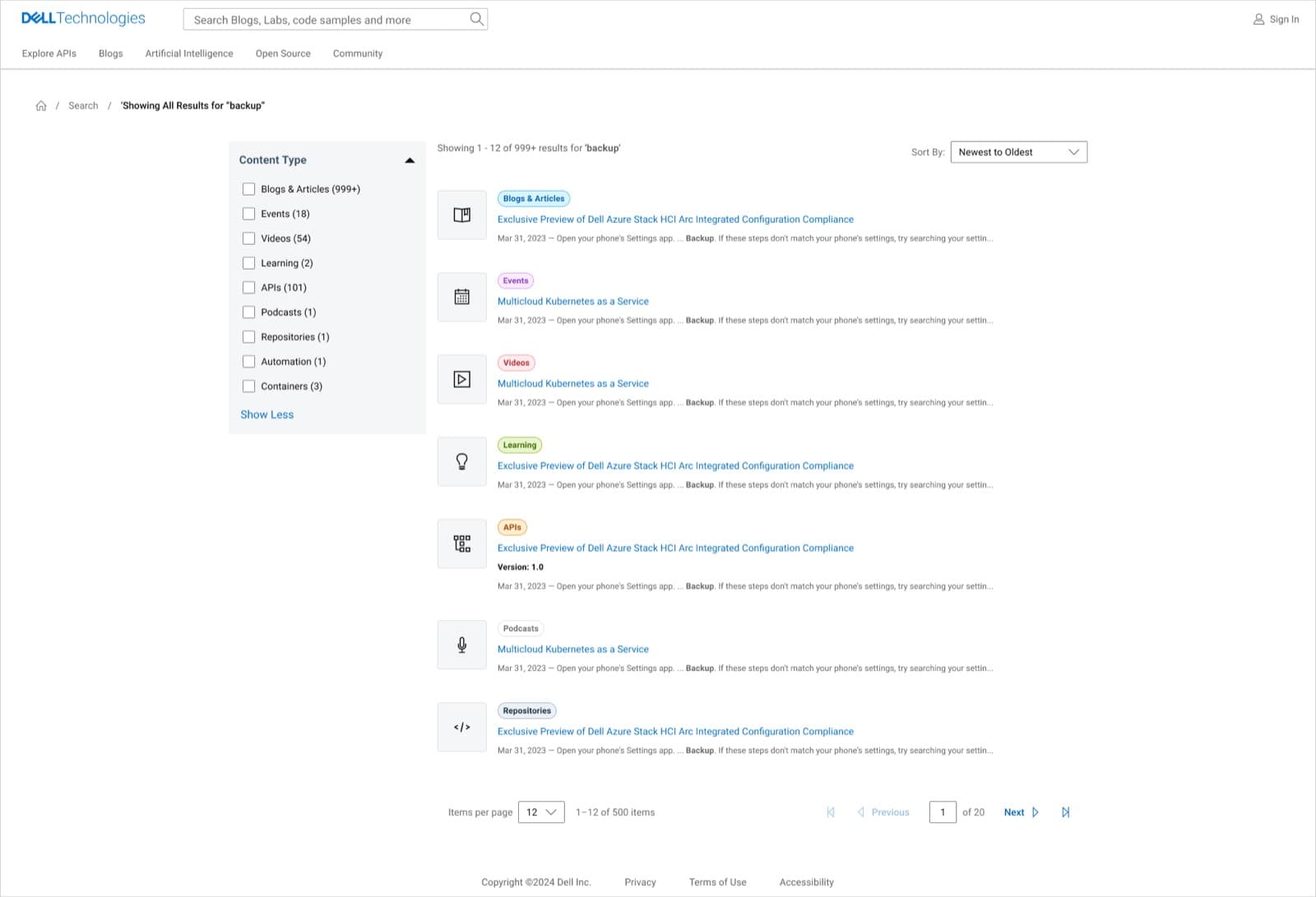Search results filtered by content type